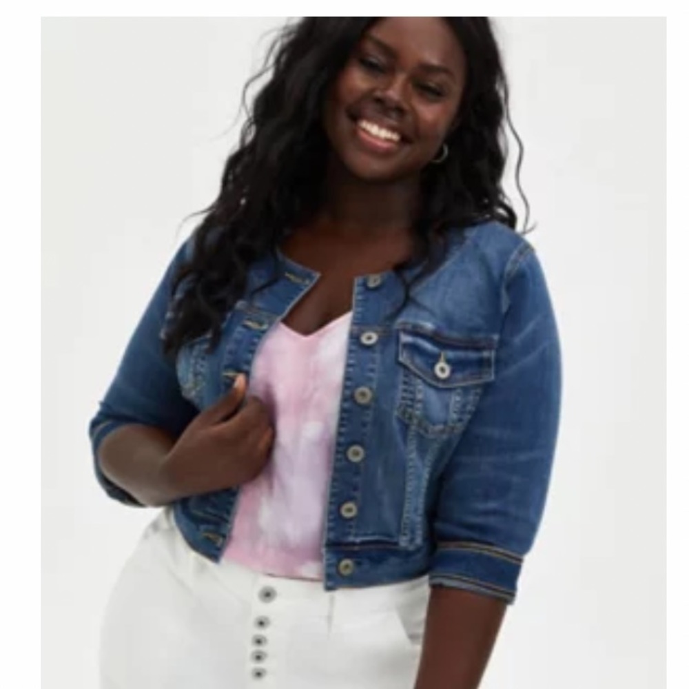 Crop Collarless Denim Jacket - Medium Wash